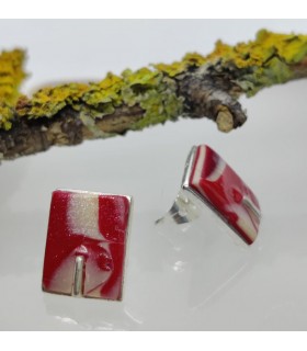 Mokume stud red earrings